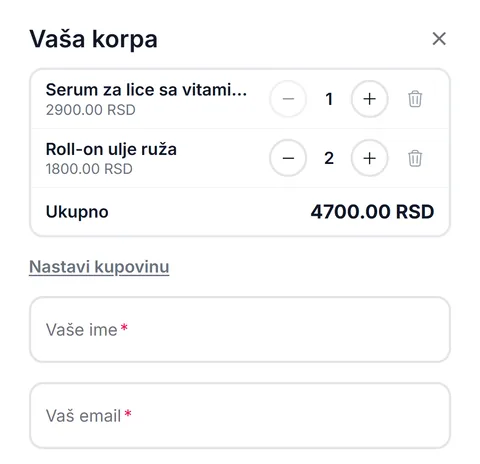 Korpa sa izabranim proizvodima, količinom i ukupnom cenom pre slanja porudžbine