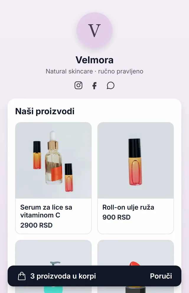 Blok proizvoda na Flowbio.link stranici sa slikama, cenama i trakom za porudžbinu