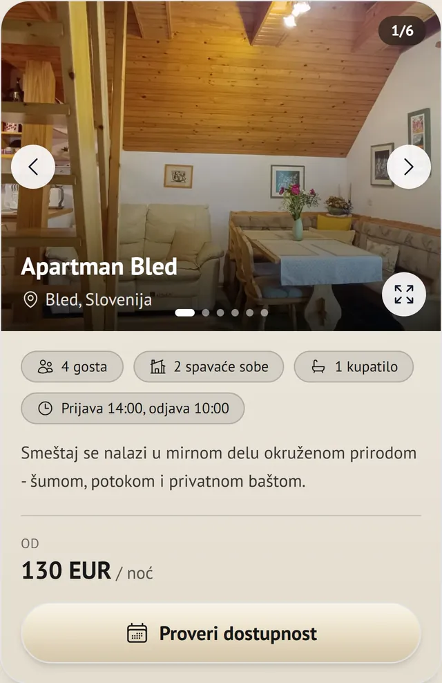 Smeštajna jedinica na Flowbio.link stranici sa fotografijama, kapacitetom, cenom po noći i dugmetom Proveri dostupnost