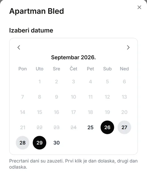 Kalendar slobodnih datuma u kome gost bira dan dolaska i odlaska za zahtev za rezervaciju