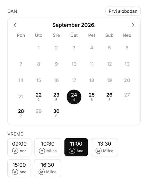 Kalendar sa brojem slobodnih termina po danu i izbor vremena kod određene frizerke