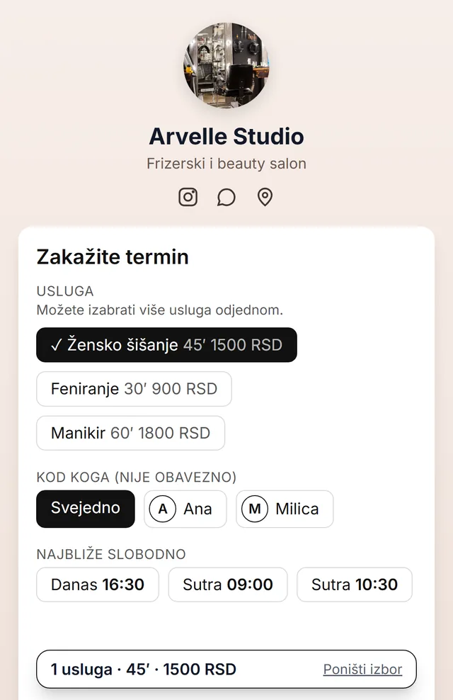 Blok za zakazivanje termina na Flowbio.link stranici salona sa izborom usluge, osobe i najbližim slobodnim terminima