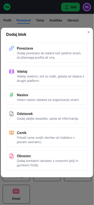 Prikaz dodajanja obrazca v Flowbio strani