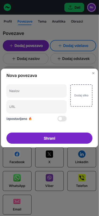 Dodajanje povezave v Flowbio.link