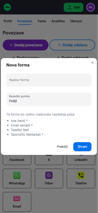 Prikaz izpolnjevanja obrazca v Flowbio strani