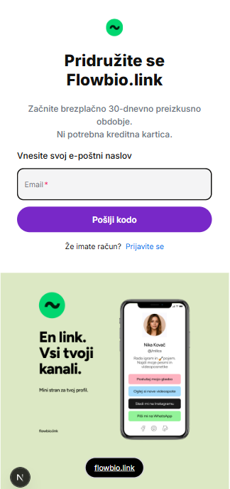 Potrditev e-poštnega naslova pri registraciji v Flowbio.link