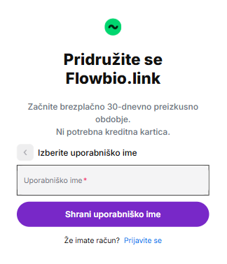 Izbira uporabniškega imena v Flowbio.link