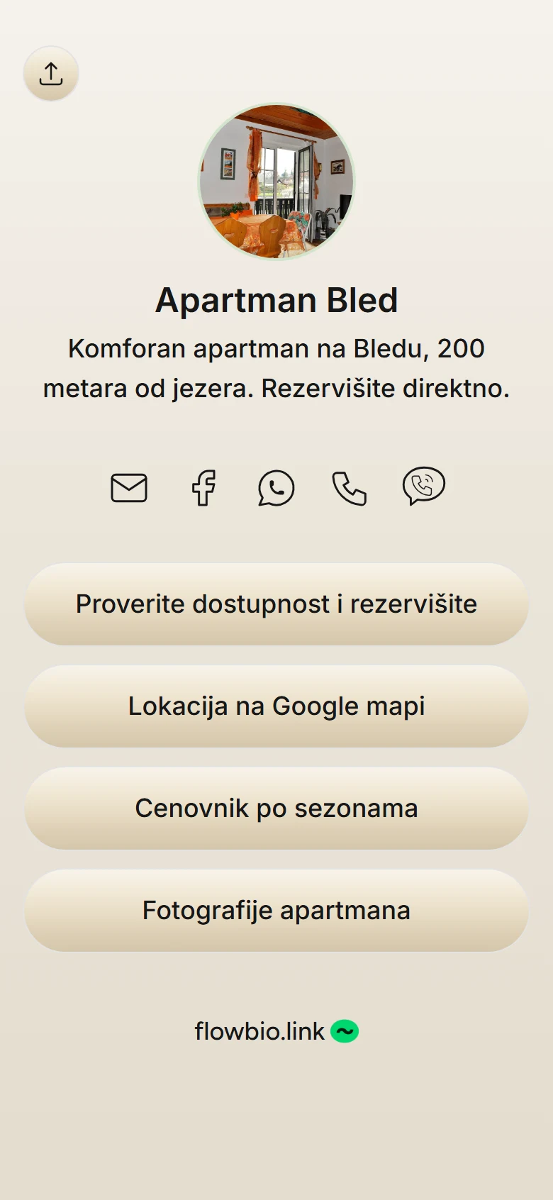 Gotova Flowbio.link stranica Apartmana Bled na telefonu