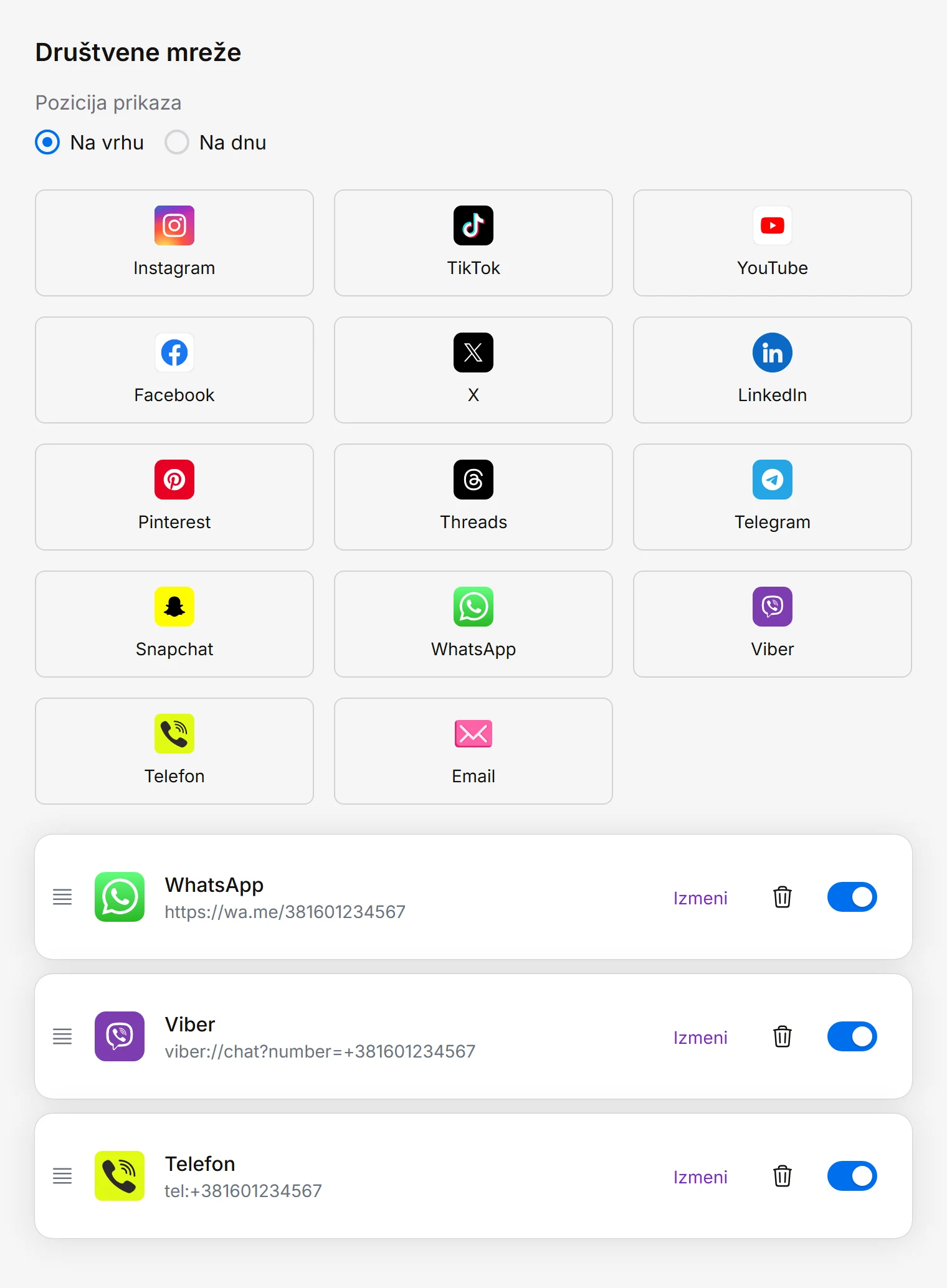 Odeljak Društvene mreže u tabu Linkovi sa dodatim WhatsApp, Viber i Telefon i izborom pozicije prikaza