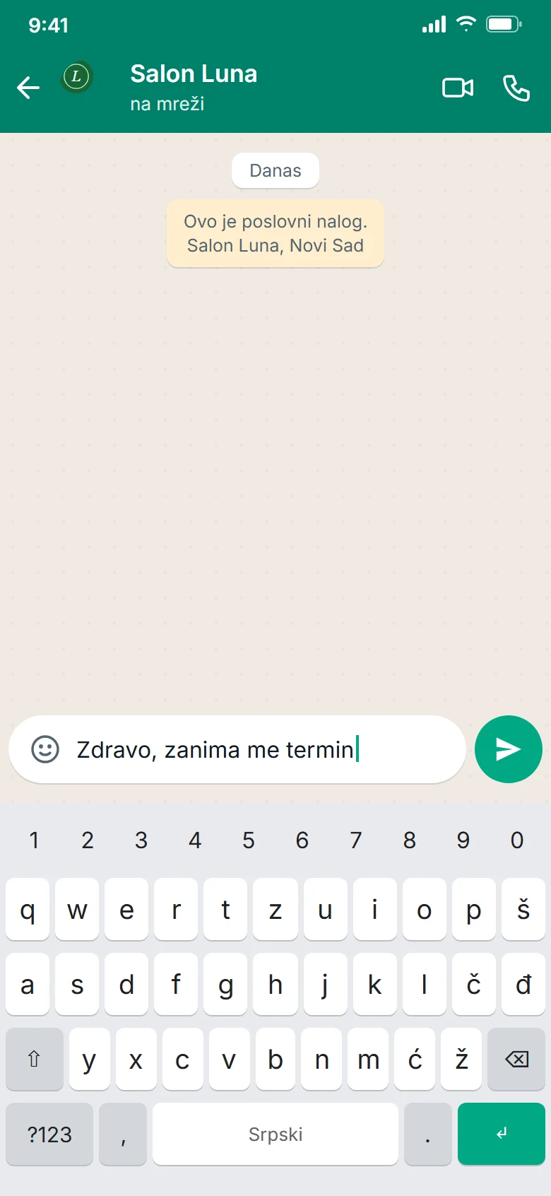 WhatsApp razgovor sa salonom otvoren jednim klikom, sa već napisanom porukom Zdravo, zanima me termin