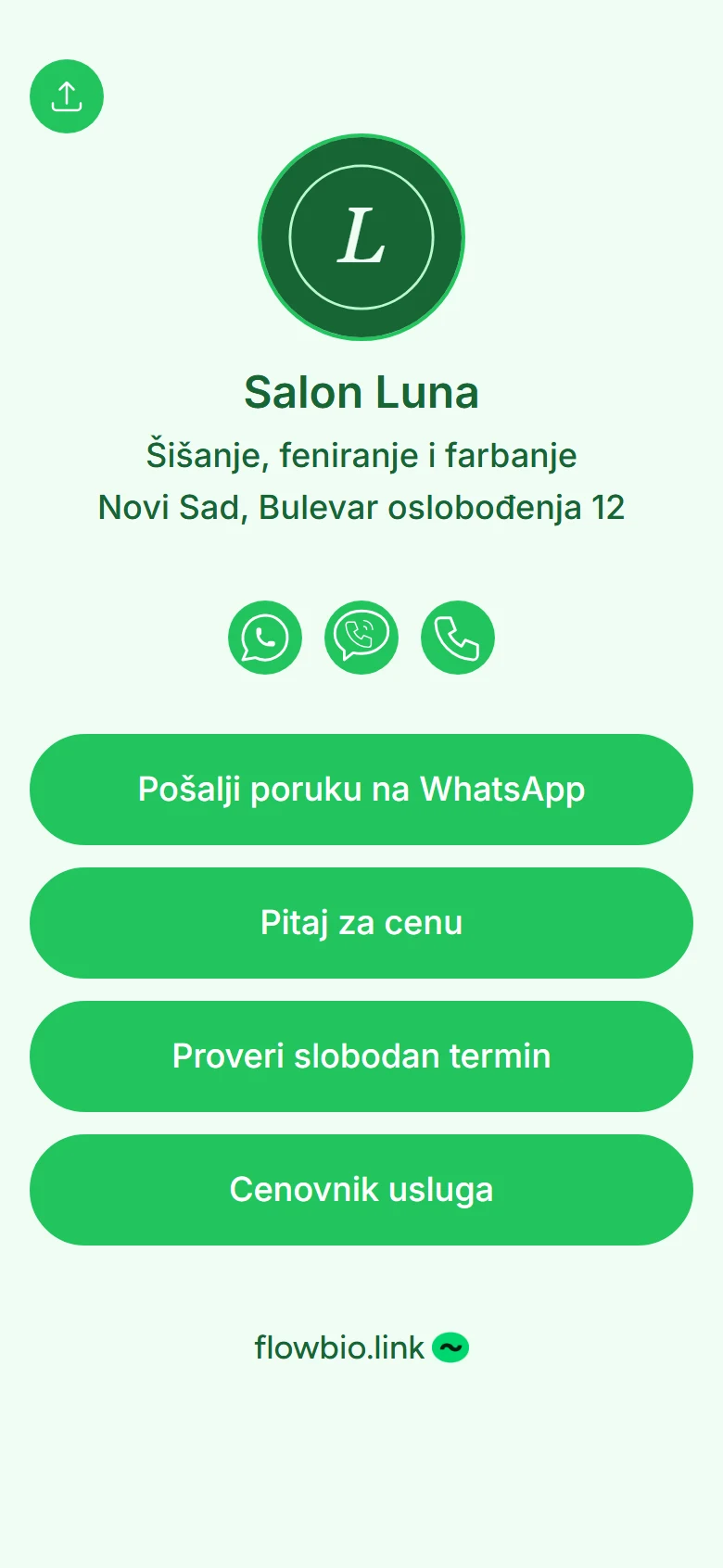 Flowbio.link stranica na telefonu sa WhatsApp i Viber ikonicama i istaknutim dugmetom Pošalji poruku na WhatsApp