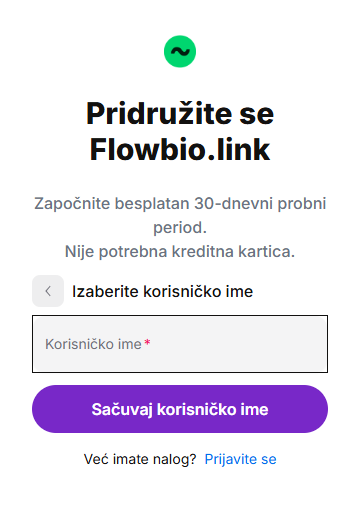 Izbor korisničkog imena u Flowbio.link