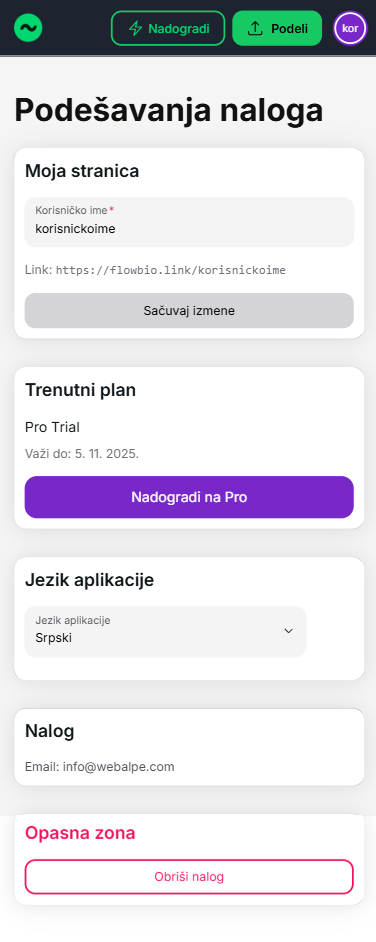 Izbor korisničkog imena u Flowbio.link