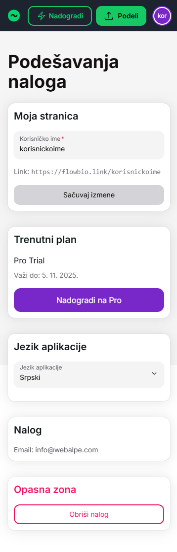 Izbor korisničkog imena u Flowbio.link