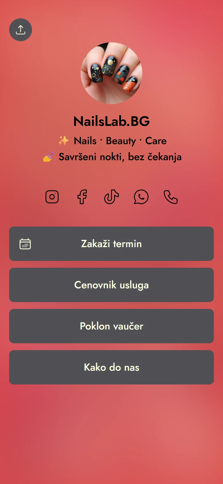 Dugme za zakazivanje termina na javnoj Flowbio.link stranici, na telefonu
